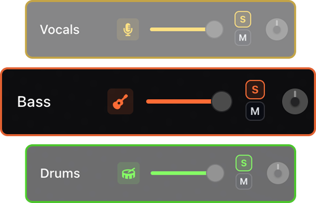 Vocals, bass, and drums stem controls in SoundBoost